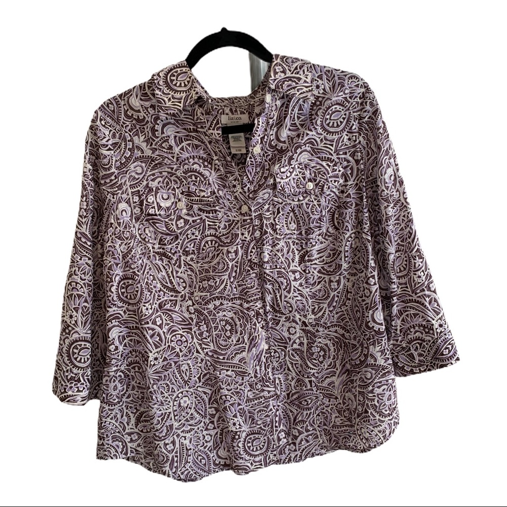 LIZ & CO purple patterned 3/4 sleeve blouse 1X plus size